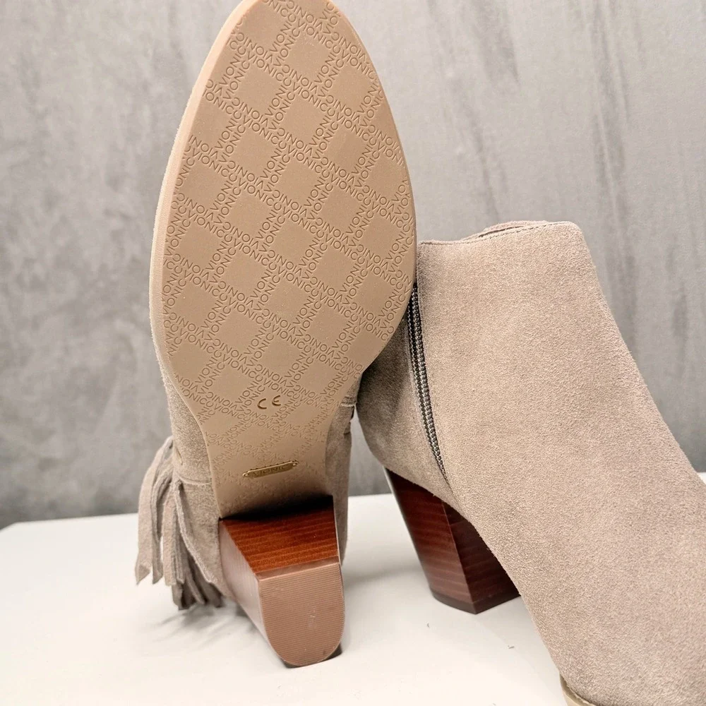 Vionic Faros Ankle Boots Womens Sz 10 Taupe Suede Fringe Studded Western Boho